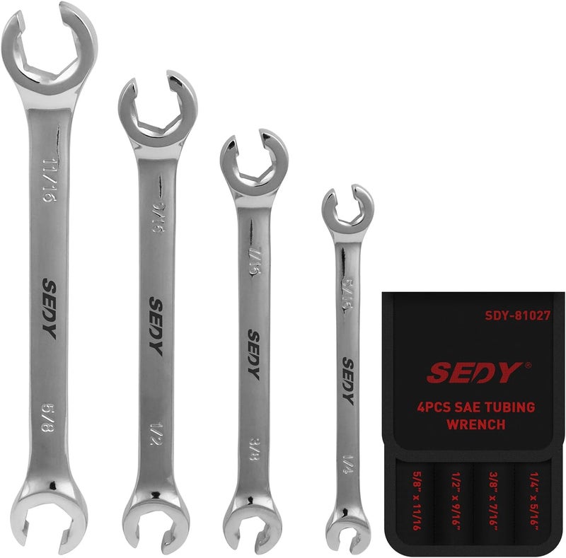 SEDY 4-Piece Flare Nut Wrench Set - SAE Brake Line Wrench 1/4, 5/16, 3/8, 7/16, 1/2, 9/16, 5/8, 11/16-inch, Professional Offset Heads, Portable Organizer Pouch Included - Image 1